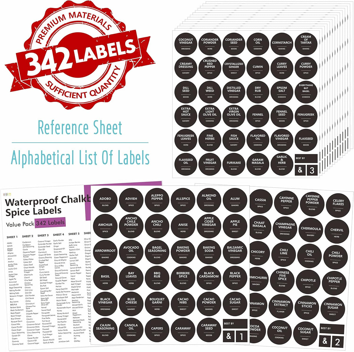 Hebayy 342 Removable Spice Labels,304 Pre-Printed Herb Seeds Seasoning Sauce Oil Vinegar Round Stickers,38 Blank Ones,Waterproof Oil & Tear Resistant,No Residue for Kitchen Pantry Containers Jars