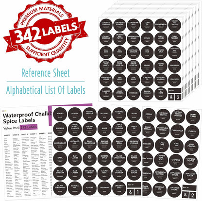 Hebayy 342 Removable Spice Labels,304 Pre-Printed Herb Seeds Seasoning Sauce Oil Vinegar Round Stickers,38 Blank Ones,Waterproof Oil & Tear Resistant,No Residue for Kitchen Pantry Containers Jars
