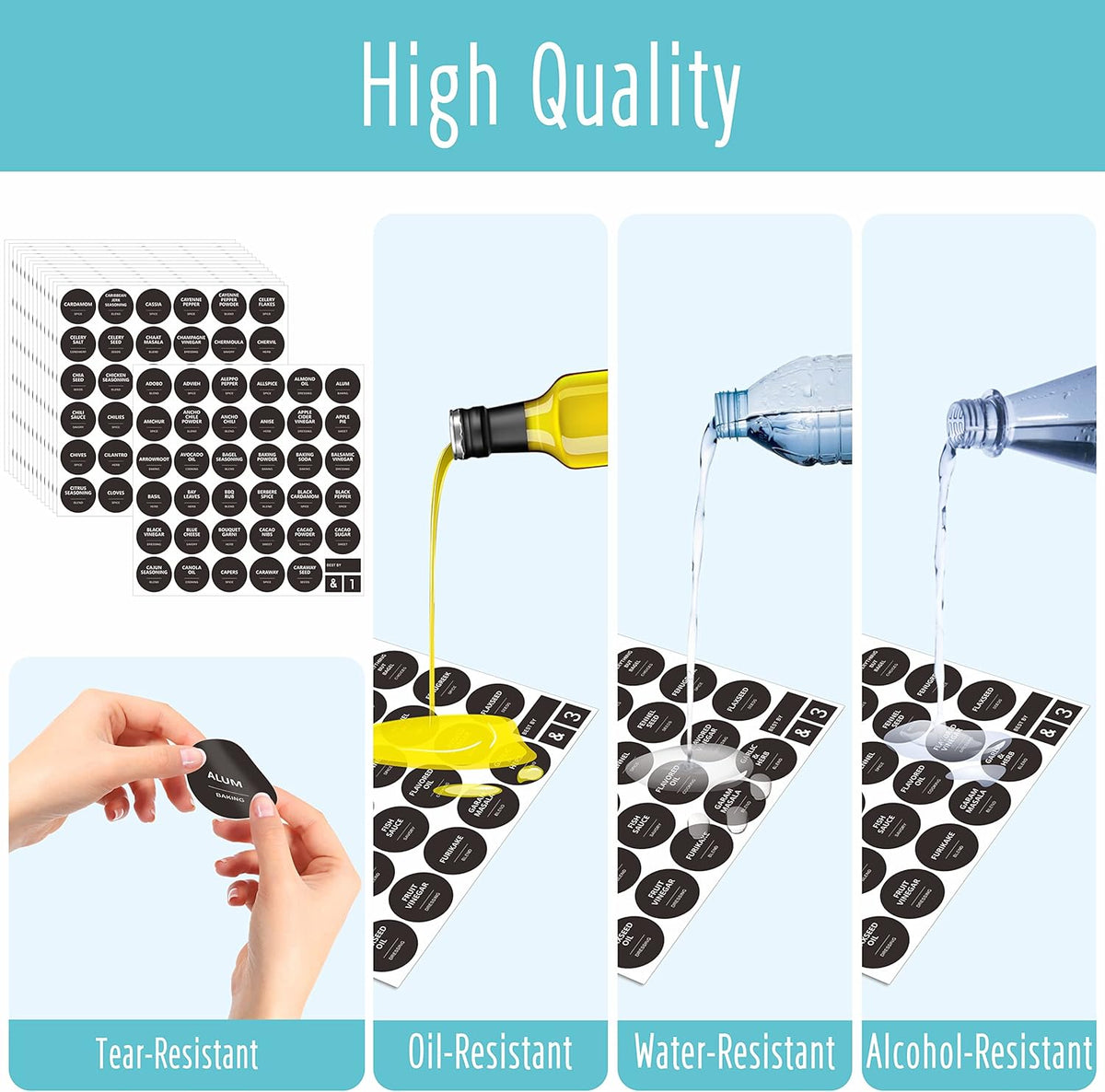 Hebayy 342 Removable Spice Labels,304 Pre-Printed Herb Seeds Seasoning Sauce Oil Vinegar Round Stickers,38 Blank Ones,Waterproof Oil & Tear Resistant,No Residue for Kitchen Pantry Containers Jars