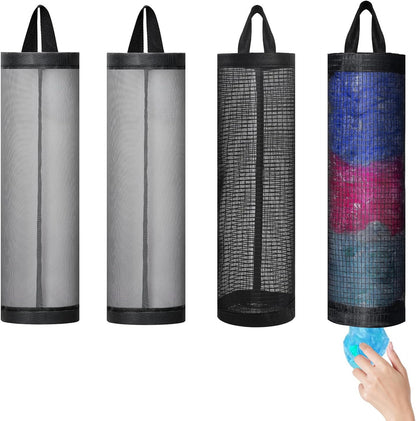 4 Pcs Plastic Bag Holders for Grocery Bags Hanging Mesh Dispenser Organizer | Breathable Polyester, Trash Storage Bags Grocery Shopping Bag Holder, Hangs On Doors, Walls Or Cabinets, for Home and Kitchen