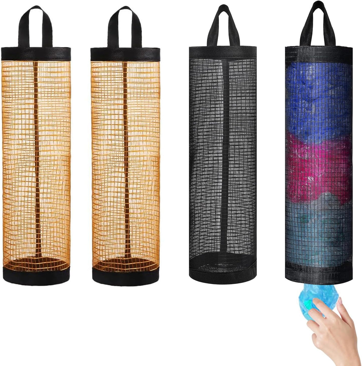 4 Pcs Plastic Bag Holders for Grocery Bags Hanging Mesh Dispenser Organizer | Breathable Polyester, Trash Storage Bags Grocery Shopping Bag Holder, Hangs On Doors, Walls Or Cabinets, for Home and Kitchen