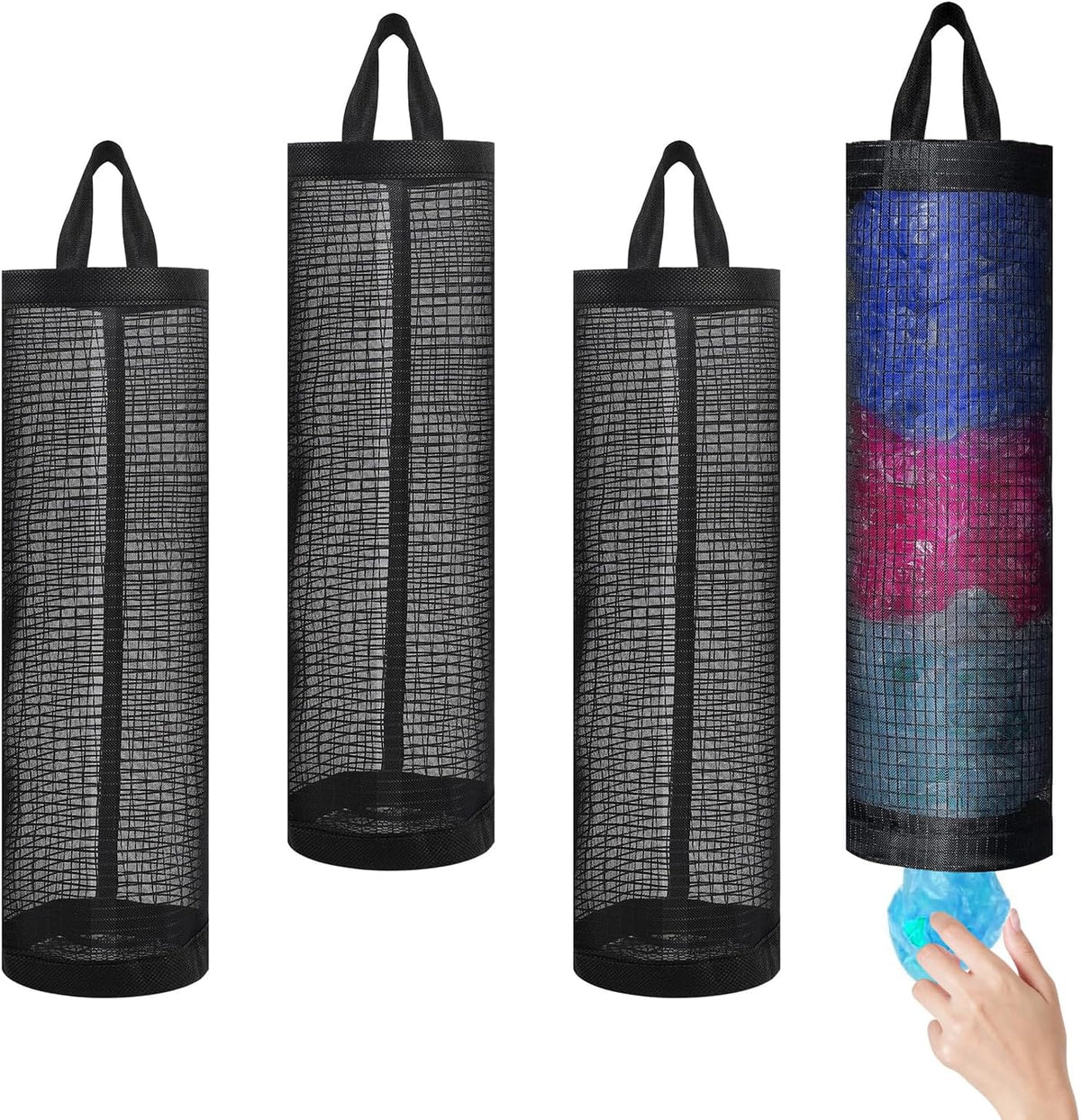 4 Pcs Plastic Bag Holders for Grocery Bags Hanging Mesh Dispenser Organizer | Breathable Polyester, Trash Storage Bags Grocery Shopping Bag Holder, Hangs On Doors, Walls Or Cabinets, for Home and Kitchen