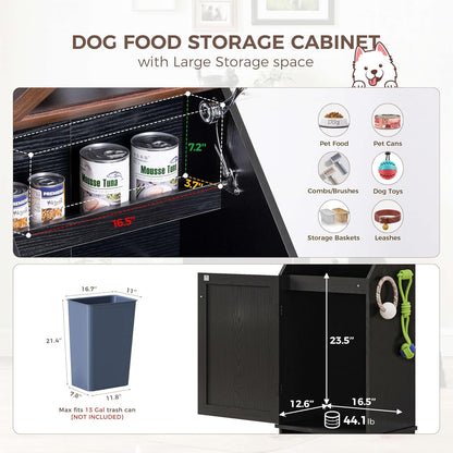 FIMELLO Dog Feeding Station with Storage, Dog Food Cabinet with 2 Hidden Feeding Bowls, Flip-Top Pet Storage Cabinet, Pet Food Holder, Black Grain