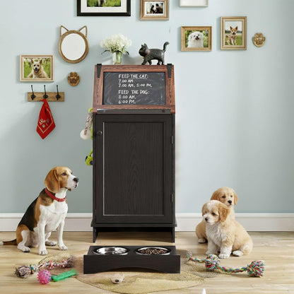 FIMELLO Dog Feeding Station with Storage, Dog Food Cabinet with 2 Hidden Feeding Bowls, Flip-Top Pet Storage Cabinet, Pet Food Holder, Black Grain
