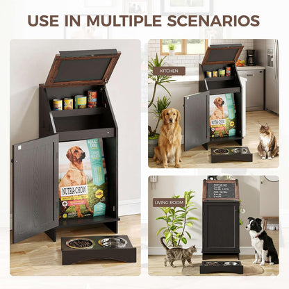 FIMELLO Dog Feeding Station with Storage, Dog Food Cabinet with 2 Hidden Feeding Bowls, Flip-Top Pet Storage Cabinet, Pet Food Holder, Black Grain