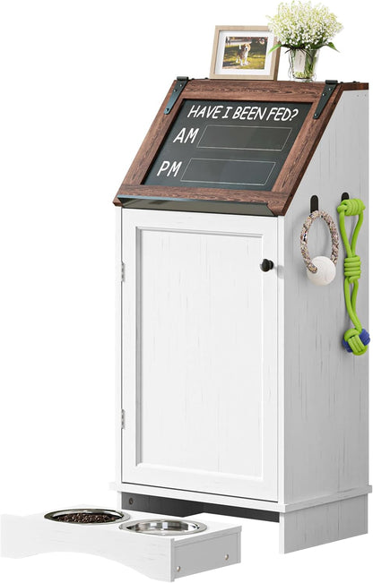 FIMELLO Dog Feeding Station with Storage, Dog Food Cabinet with 2 Hidden Feeding Bowls, Flip-Top Pet Storage Cabinet, Pet Food Holder, Black Grain