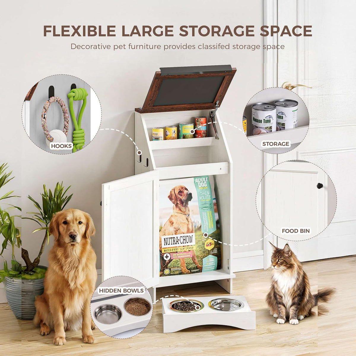 FIMELLO Dog Feeding Station with Storage, Dog Food Cabinet with 2 Hidden Feeding Bowls, Flip-Top Pet Storage Cabinet, Pet Food Holder, Black Grain