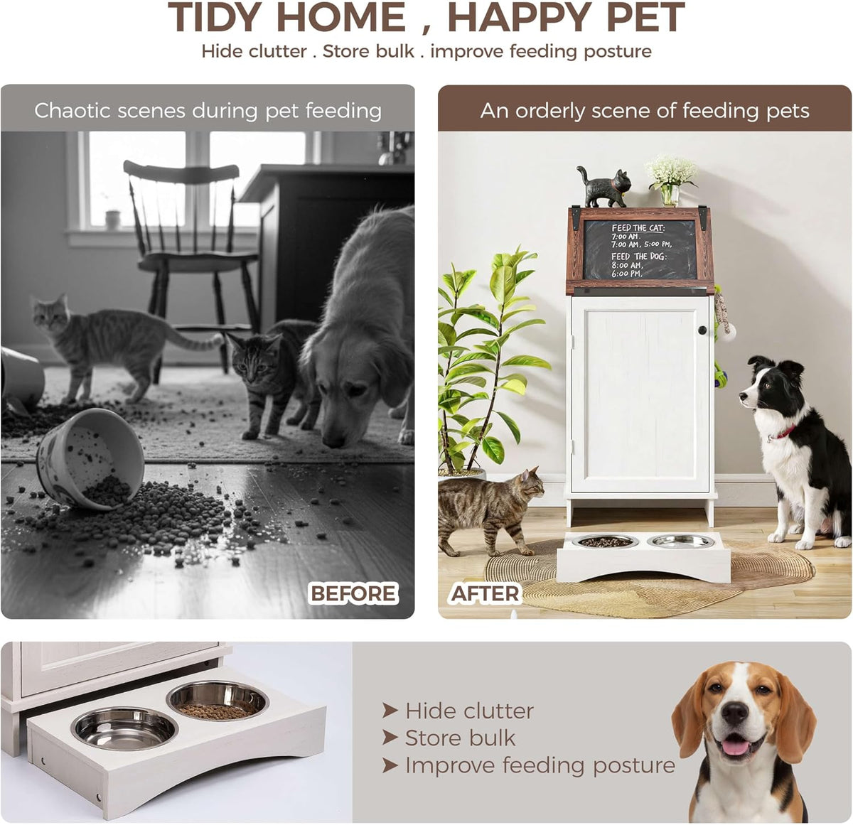 FIMELLO Dog Feeding Station with Storage, Dog Food Cabinet with 2 Hidden Feeding Bowls, Flip-Top Pet Storage Cabinet, Pet Food Holder, Black Grain