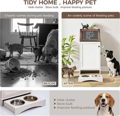 FIMELLO Dog Feeding Station with Storage, Dog Food Cabinet with 2 Hidden Feeding Bowls, Flip-Top Pet Storage Cabinet, Pet Food Holder, Black Grain