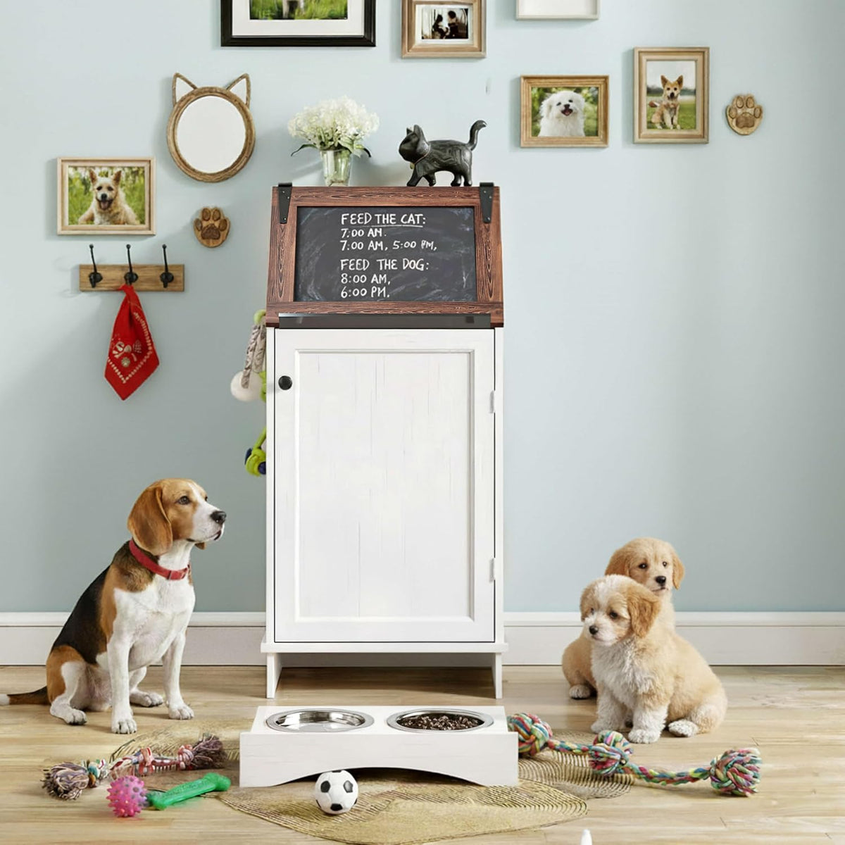 FIMELLO Dog Feeding Station with Storage, Dog Food Cabinet with 2 Hidden Feeding Bowls, Flip-Top Pet Storage Cabinet, Pet Food Holder, Black Grain
