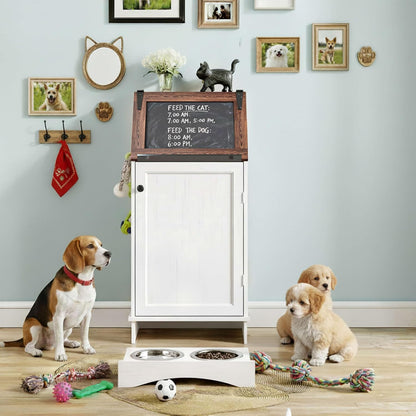FIMELLO Dog Feeding Station with Storage, Dog Food Cabinet with 2 Hidden Feeding Bowls, Flip-Top Pet Storage Cabinet, Pet Food Holder, Black Grain