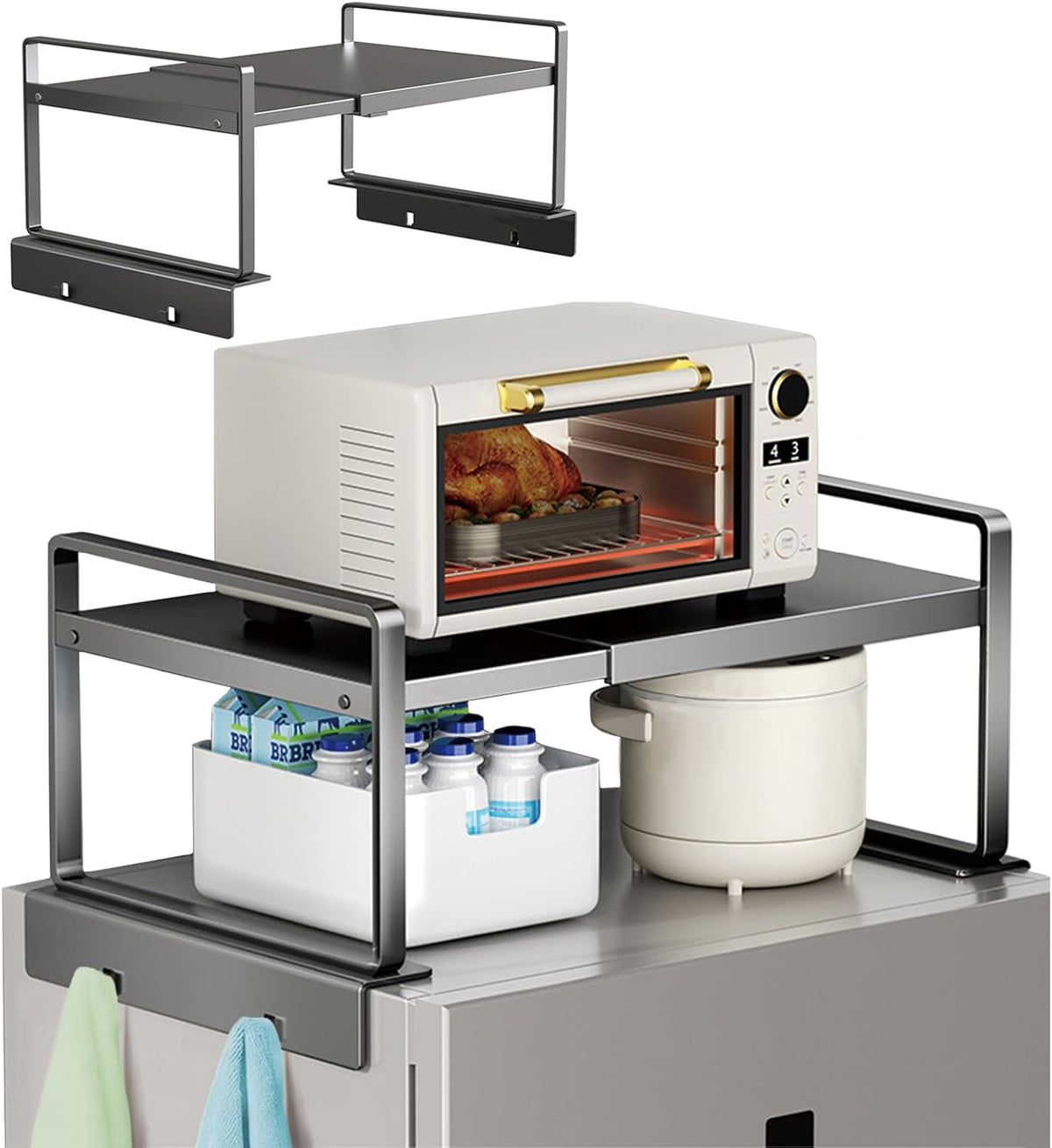 Adjustable Fridge Top Storage Rack,20.8"-36.6" Expandable Organizer Shelf,Refrigerator Storage, Anti-Slip,L-Shaped Design,Space Saver for Kitchen,Laundry,Dorm (Fits Most Appliances)