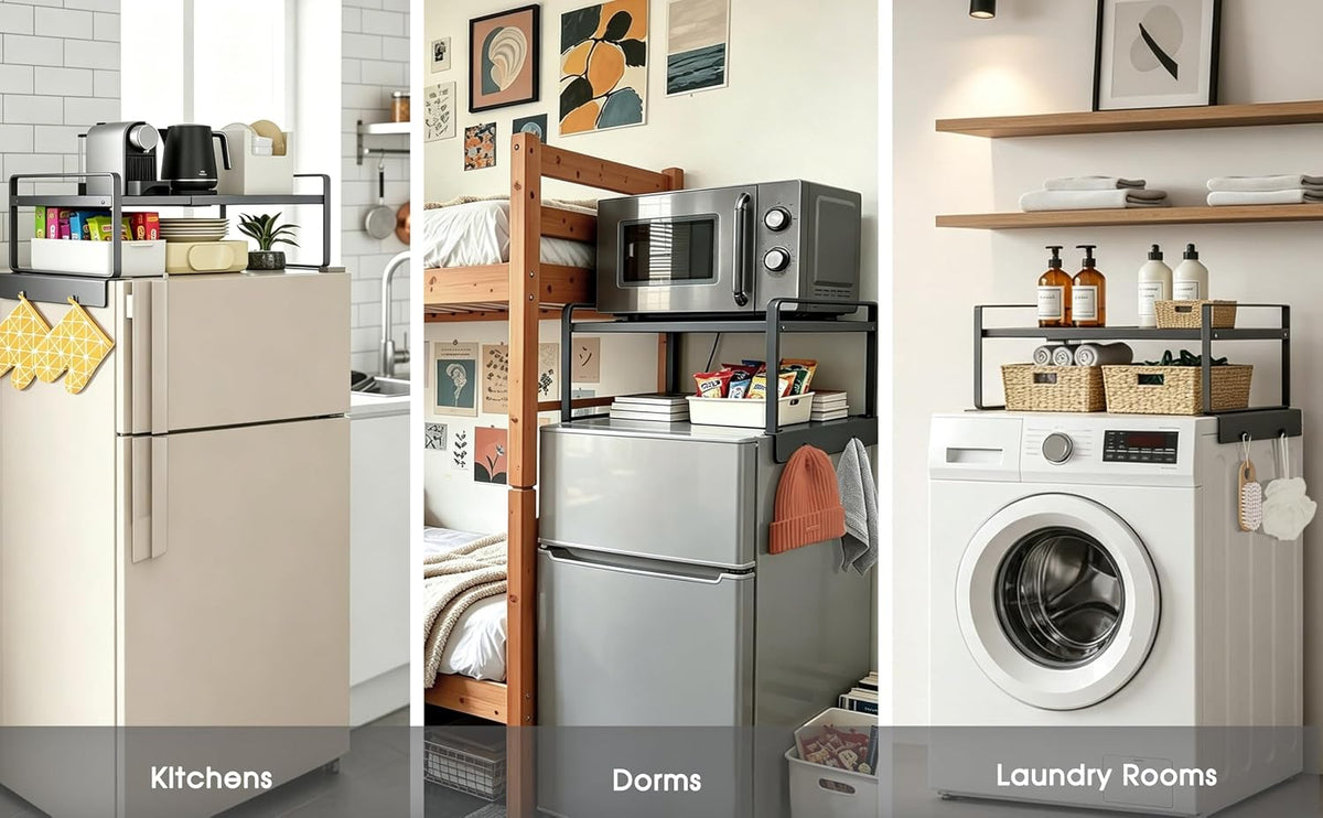 Adjustable Fridge Top Storage Rack,20.8"-36.6" Expandable Organizer Shelf,Refrigerator Storage, Anti-Slip,L-Shaped Design,Space Saver for Kitchen,Laundry,Dorm (Fits Most Appliances)