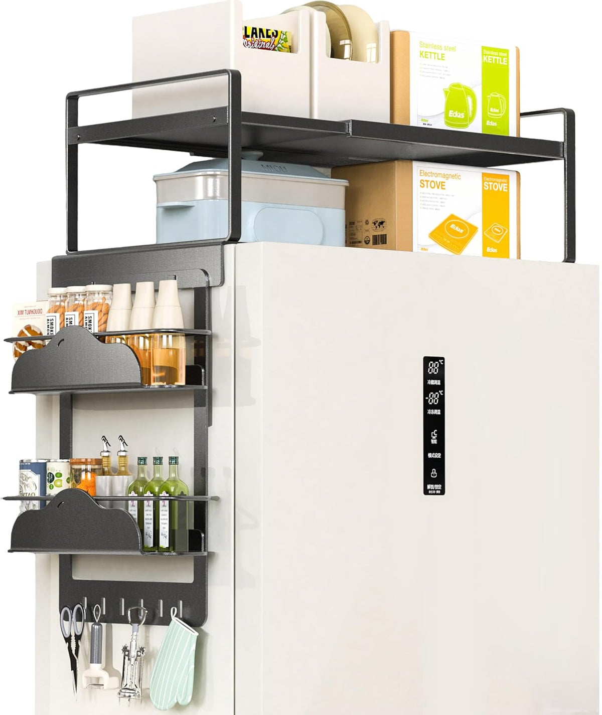 Adjustable Fridge Top Storage Rack,20.8"-36.6" Expandable Organizer Shelf,Refrigerator Storage, Anti-Slip,L-Shaped Design,Space Saver for Kitchen,Laundry,Dorm (Fits Most Appliances)