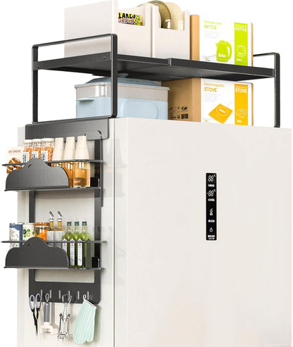 Adjustable Fridge Top Storage Rack,20.8"-36.6" Expandable Organizer Shelf,Refrigerator Storage, Anti-Slip,L-Shaped Design,Space Saver for Kitchen,Laundry,Dorm (Fits Most Appliances)