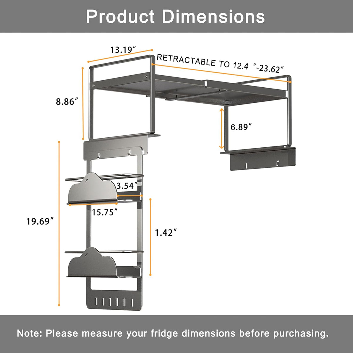 Adjustable Fridge Top Storage Rack,20.8"-36.6" Expandable Organizer Shelf,Refrigerator Storage, Anti-Slip,L-Shaped Design,Space Saver for Kitchen,Laundry,Dorm (Fits Most Appliances)