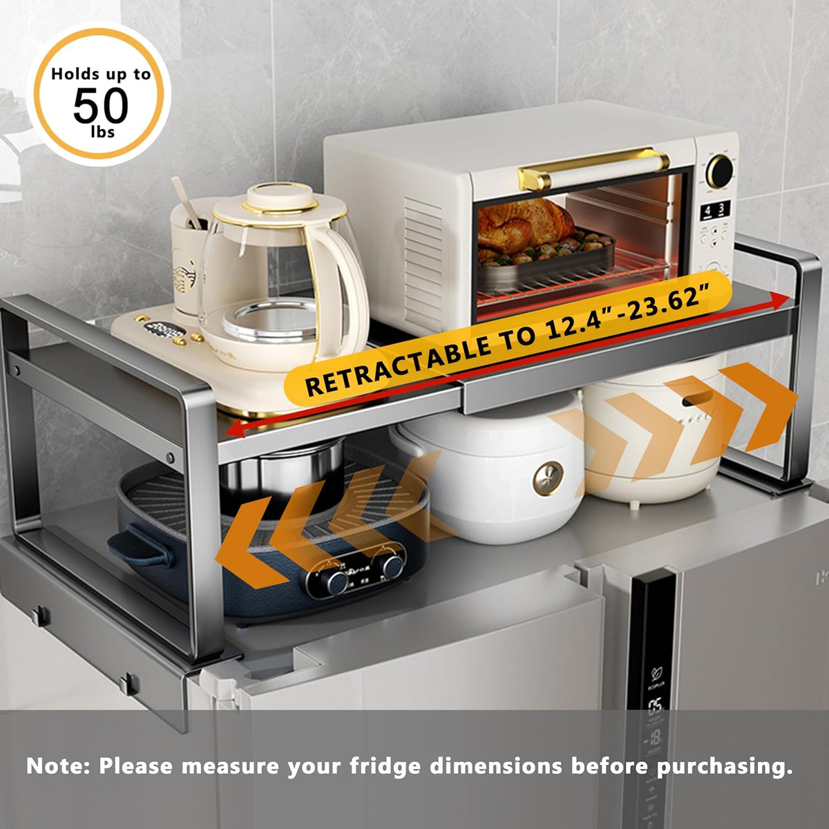 Adjustable Fridge Top Storage Rack,20.8"-36.6" Expandable Organizer Shelf,Refrigerator Storage, Anti-Slip,L-Shaped Design,Space Saver for Kitchen,Laundry,Dorm (Fits Most Appliances)