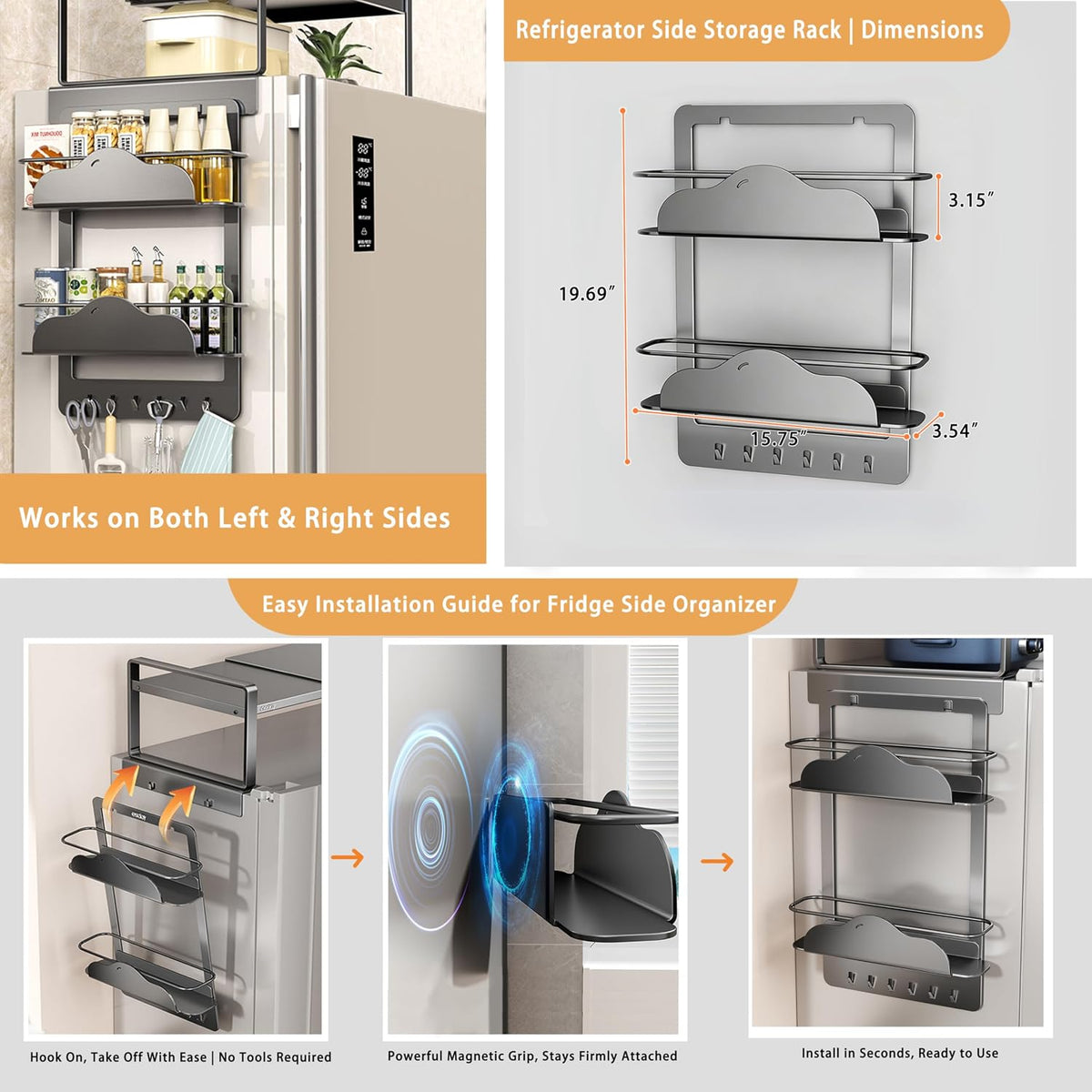 Adjustable Fridge Top Storage Rack,20.8"-36.6" Expandable Organizer Shelf,Refrigerator Storage, Anti-Slip,L-Shaped Design,Space Saver for Kitchen,Laundry,Dorm (Fits Most Appliances)