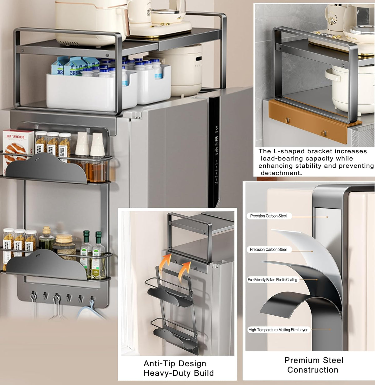 Adjustable Fridge Top Storage Rack,20.8"-36.6" Expandable Organizer Shelf,Refrigerator Storage, Anti-Slip,L-Shaped Design,Space Saver for Kitchen,Laundry,Dorm (Fits Most Appliances)