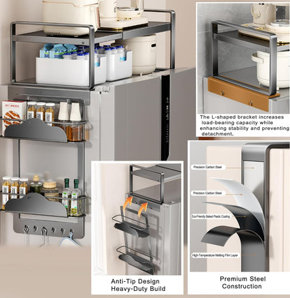Adjustable Fridge Top Storage Rack,20.8"-36.6" Expandable Organizer Shelf,Refrigerator Storage, Anti-Slip,L-Shaped Design,Space Saver for Kitchen,Laundry,Dorm (Fits Most Appliances)