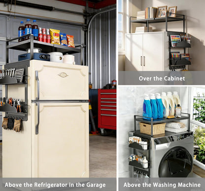Adjustable Fridge Top Storage Rack,20.8"-36.6" Expandable Organizer Shelf,Refrigerator Storage, Anti-Slip,L-Shaped Design,Space Saver for Kitchen,Laundry,Dorm (Fits Most Appliances)