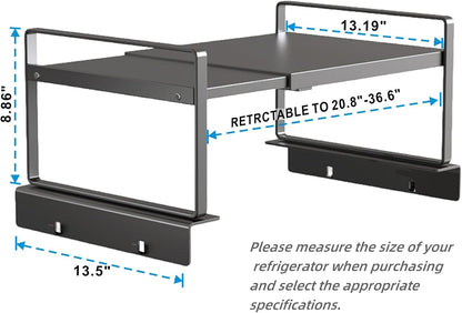 Adjustable Fridge Top Storage Rack,20.8"-36.6" Expandable Organizer Shelf,Refrigerator Storage, Anti-Slip,L-Shaped Design,Space Saver for Kitchen,Laundry,Dorm (Fits Most Appliances)