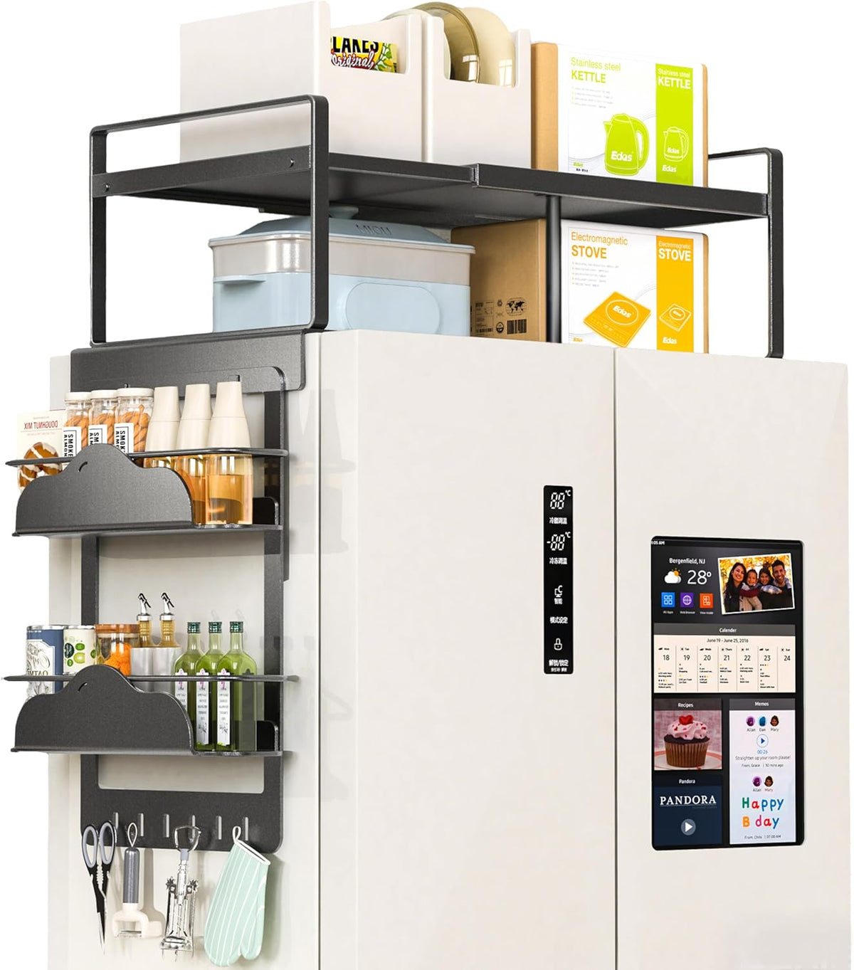 Adjustable Fridge Top Storage Rack,20.8"-36.6" Expandable Organizer Shelf,Refrigerator Storage, Anti-Slip,L-Shaped Design,Space Saver for Kitchen,Laundry,Dorm (Fits Most Appliances)