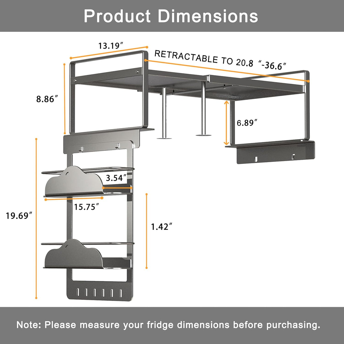 Adjustable Fridge Top Storage Rack,20.8"-36.6" Expandable Organizer Shelf,Refrigerator Storage, Anti-Slip,L-Shaped Design,Space Saver for Kitchen,Laundry,Dorm (Fits Most Appliances)