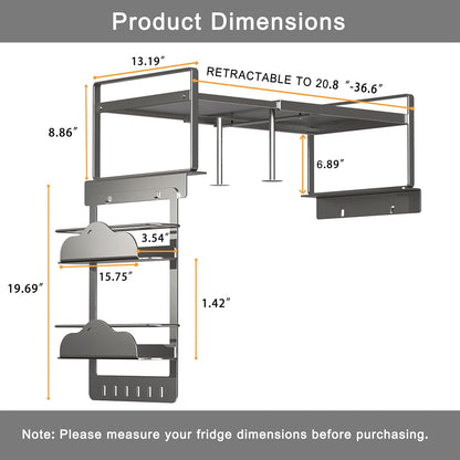 Adjustable Fridge Top Storage Rack,20.8"-36.6" Expandable Organizer Shelf,Refrigerator Storage, Anti-Slip,L-Shaped Design,Space Saver for Kitchen,Laundry,Dorm (Fits Most Appliances)