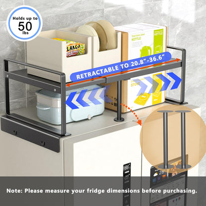 Adjustable Fridge Top Storage Rack,20.8"-36.6" Expandable Organizer Shelf,Refrigerator Storage, Anti-Slip,L-Shaped Design,Space Saver for Kitchen,Laundry,Dorm (Fits Most Appliances)