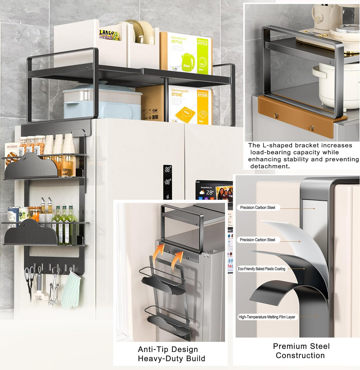 Adjustable Fridge Top Storage Rack,20.8"-36.6" Expandable Organizer Shelf,Refrigerator Storage, Anti-Slip,L-Shaped Design,Space Saver for Kitchen,Laundry,Dorm (Fits Most Appliances)