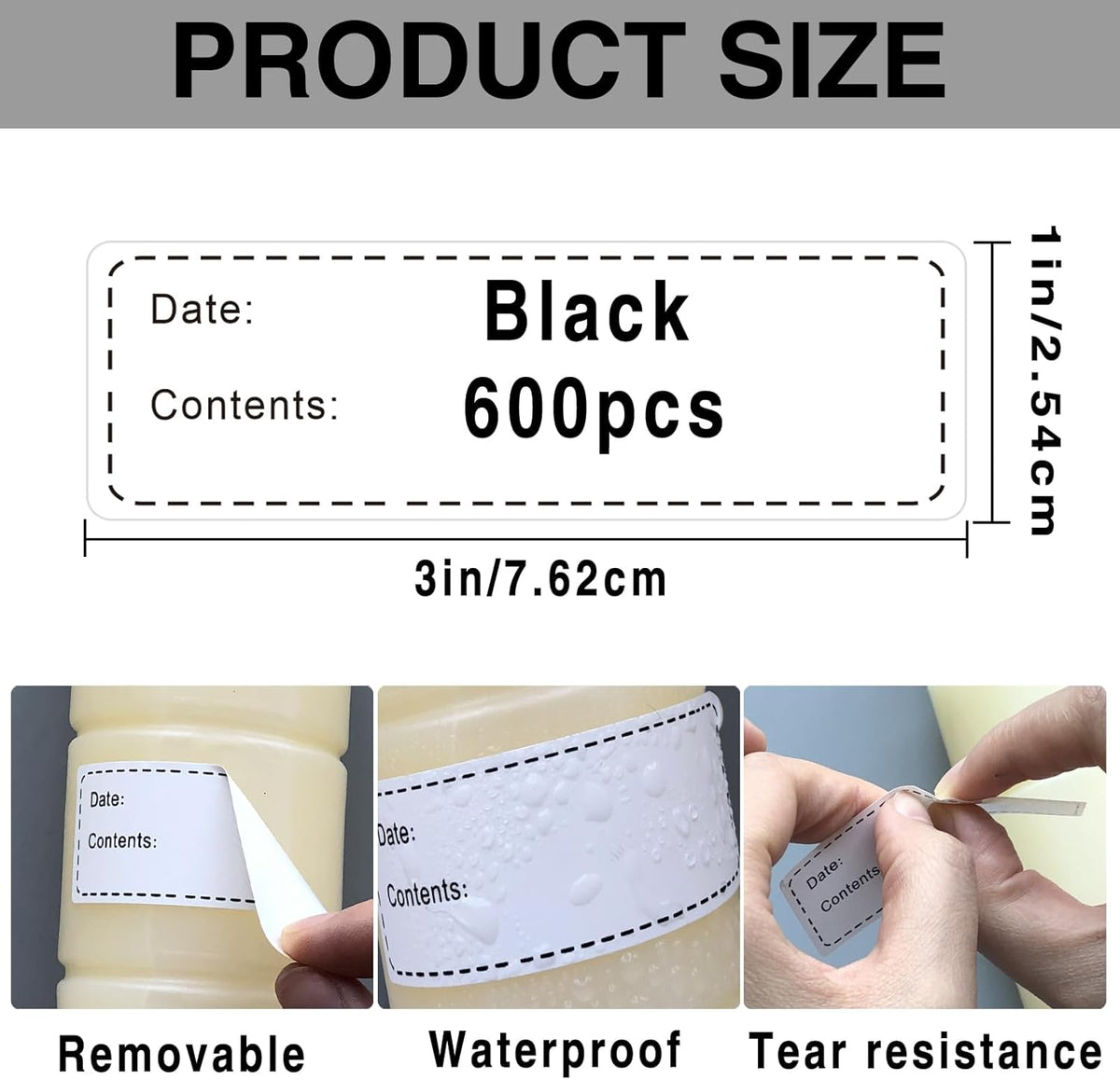 600pcs Removable Freezer Labels,1x3 Inch Food Storage Stickers Containers Date Stickers,Easy Clean and Write On Refrigerator Freezer Paper Label,No Residue,for Kitchen,Restaurants,Markets（Black）