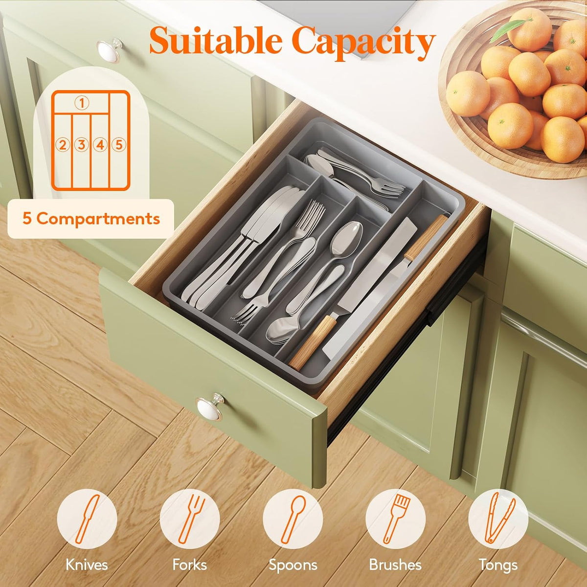 Silverware Drawer Organizer Tray, Cutlery Storage for Kitchen