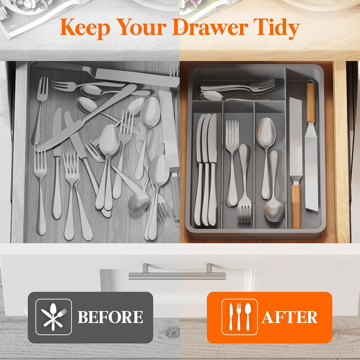 Silverware Drawer Organizer Tray, Cutlery Storage for Kitchen