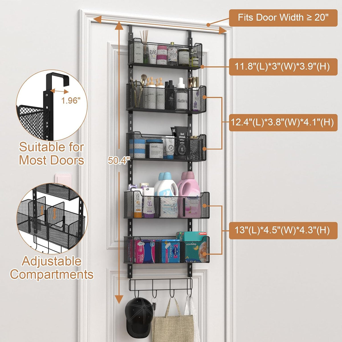Over The Door Organizer, Metal Door Organizer Hanging with 5 Adjustable Baskets and Coat Hook, Behind The Door Storage for Bedroom Closet Bathroom Pantry Cabinet Kitchen, Black