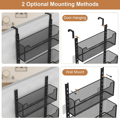 Over The Door Organizer, Metal Door Organizer Hanging with 5 Adjustable Baskets and Coat Hook, Behind The Door Storage for Bedroom Closet Bathroom Pantry Cabinet Kitchen, Black