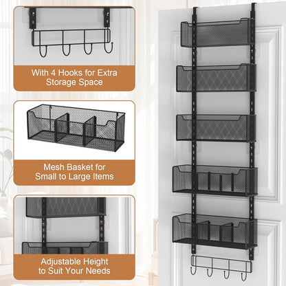 Over The Door Organizer, Metal Door Organizer Hanging with 5 Adjustable Baskets and Coat Hook, Behind The Door Storage for Bedroom Closet Bathroom Pantry Cabinet Kitchen, Black