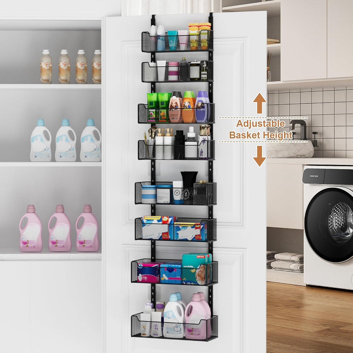 Over The Door Organizer, Metal Door Organizer Hanging with 5 Adjustable Baskets and Coat Hook, Behind The Door Storage for Bedroom Closet Bathroom Pantry Cabinet Kitchen, Black
