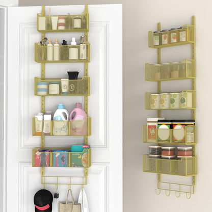 Over The Door Organizer, Metal Door Organizer Hanging with 5 Adjustable Baskets and Coat Hook, Behind The Door Storage for Bedroom Closet Bathroom Pantry Cabinet Kitchen, Black
