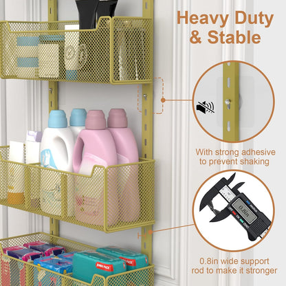Over The Door Organizer, Metal Door Organizer Hanging with 5 Adjustable Baskets and Coat Hook, Behind The Door Storage for Bedroom Closet Bathroom Pantry Cabinet Kitchen, Black