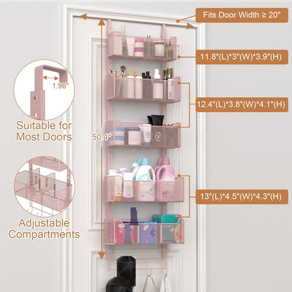 Over The Door Organizer, Metal Door Organizer Hanging with 5 Adjustable Baskets and Coat Hook, Behind The Door Storage for Bedroom Closet Bathroom Pantry Cabinet Kitchen, Black