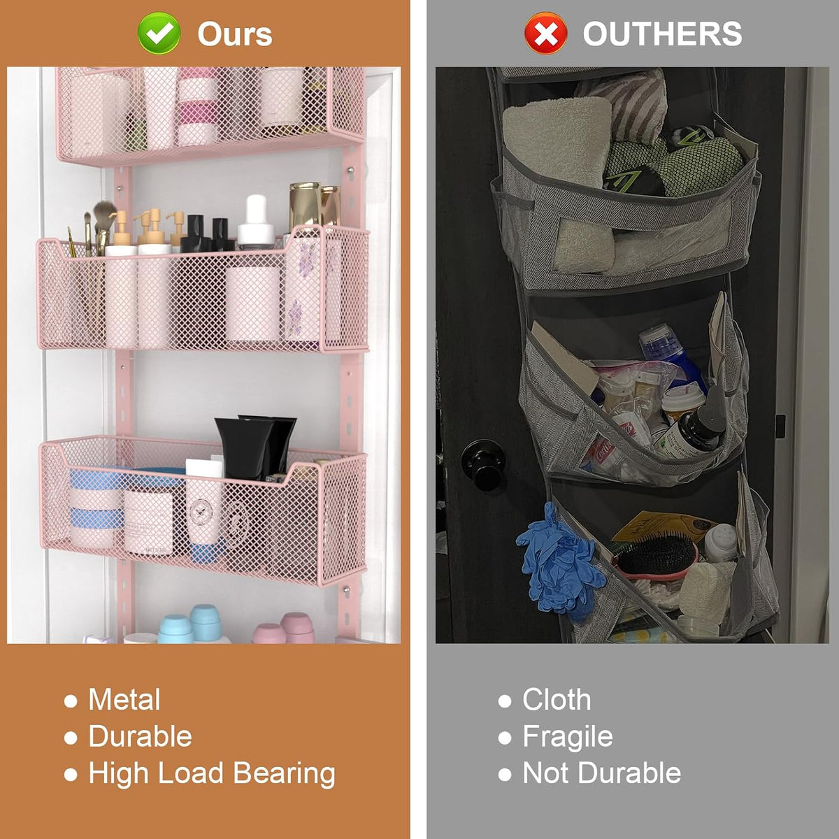 Over The Door Organizer, Metal Door Organizer Hanging with 5 Adjustable Baskets and Coat Hook, Behind The Door Storage for Bedroom Closet Bathroom Pantry Cabinet Kitchen, Black