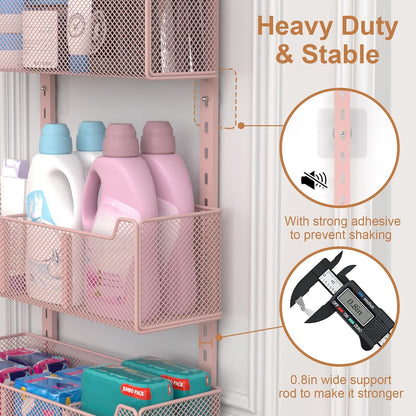 Over The Door Organizer, Metal Door Organizer Hanging with 5 Adjustable Baskets and Coat Hook, Behind The Door Storage for Bedroom Closet Bathroom Pantry Cabinet Kitchen, Black
