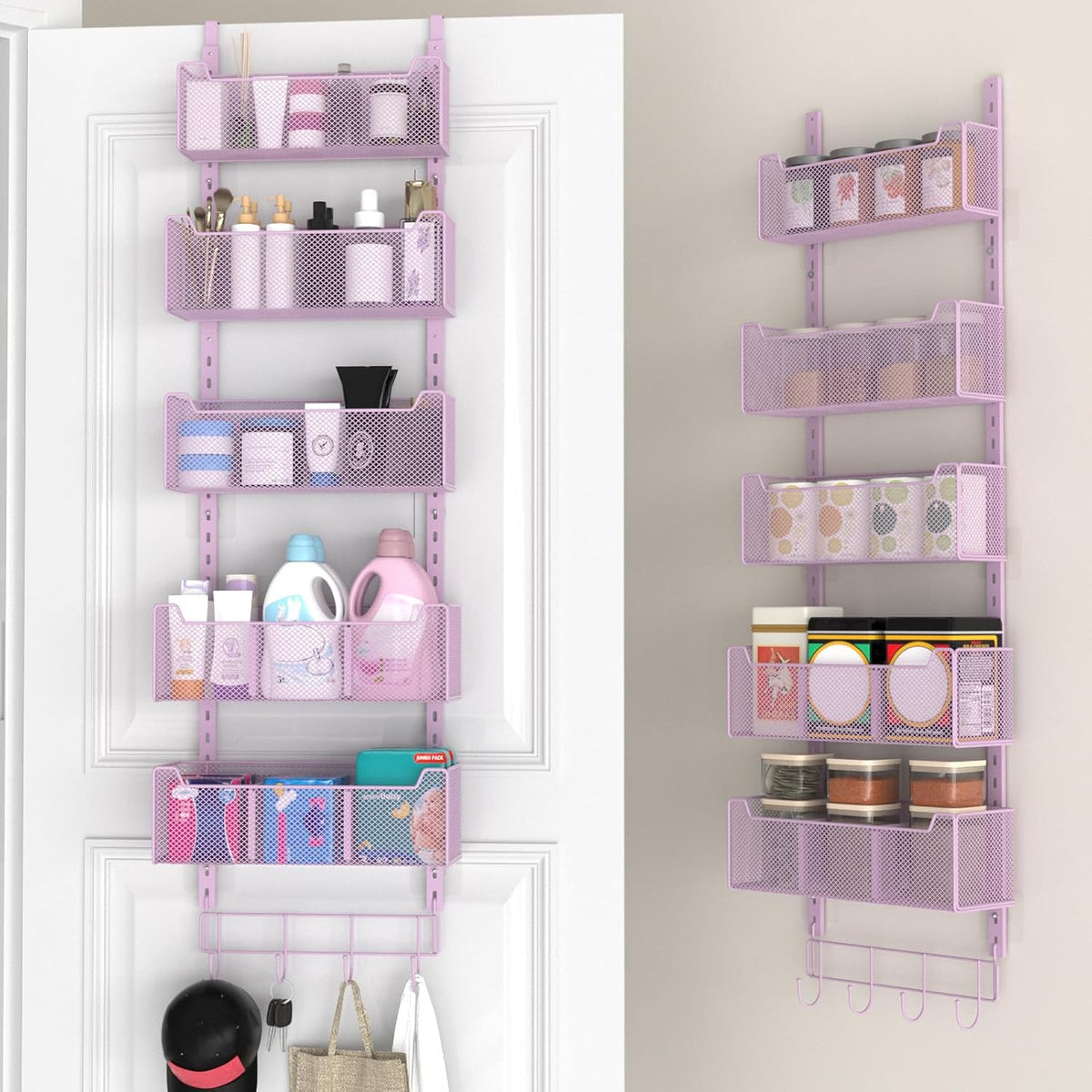 Over The Door Organizer, Metal Door Organizer Hanging with 5 Adjustable Baskets and Coat Hook, Behind The Door Storage for Bedroom Closet Bathroom Pantry Cabinet Kitchen, Black