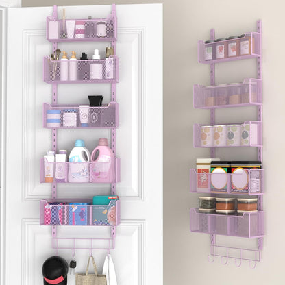 Over The Door Organizer, Metal Door Organizer Hanging with 5 Adjustable Baskets and Coat Hook, Behind The Door Storage for Bedroom Closet Bathroom Pantry Cabinet Kitchen, Black