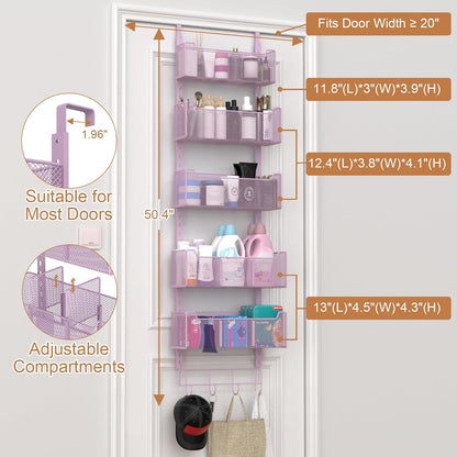 Over The Door Organizer, Metal Door Organizer Hanging with 5 Adjustable Baskets and Coat Hook, Behind The Door Storage for Bedroom Closet Bathroom Pantry Cabinet Kitchen, Black