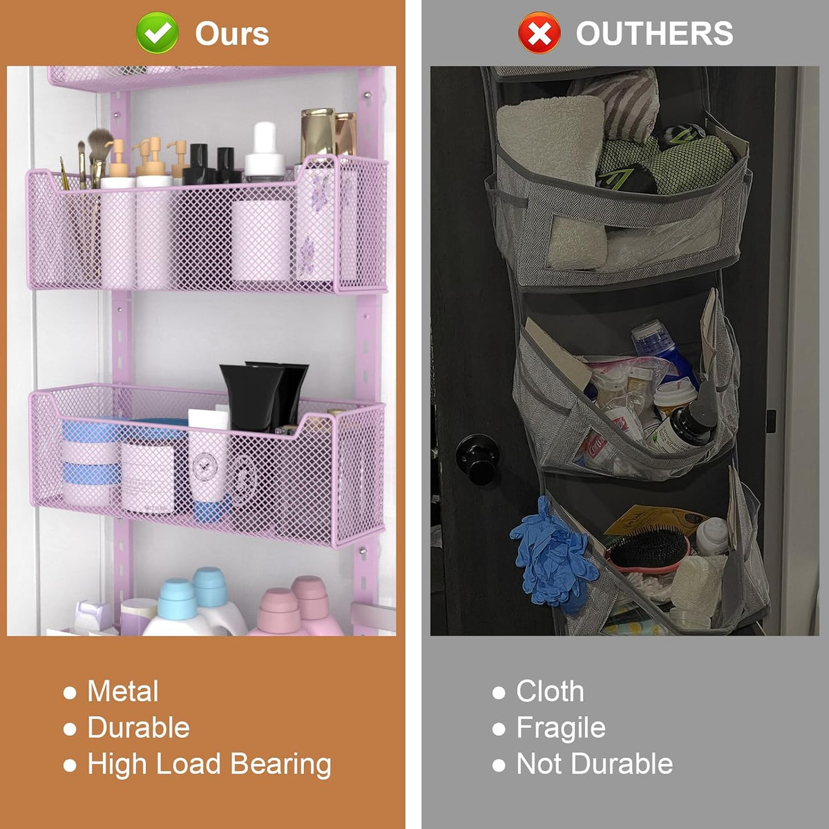 Over The Door Organizer, Metal Door Organizer Hanging with 5 Adjustable Baskets and Coat Hook, Behind The Door Storage for Bedroom Closet Bathroom Pantry Cabinet Kitchen, Black
