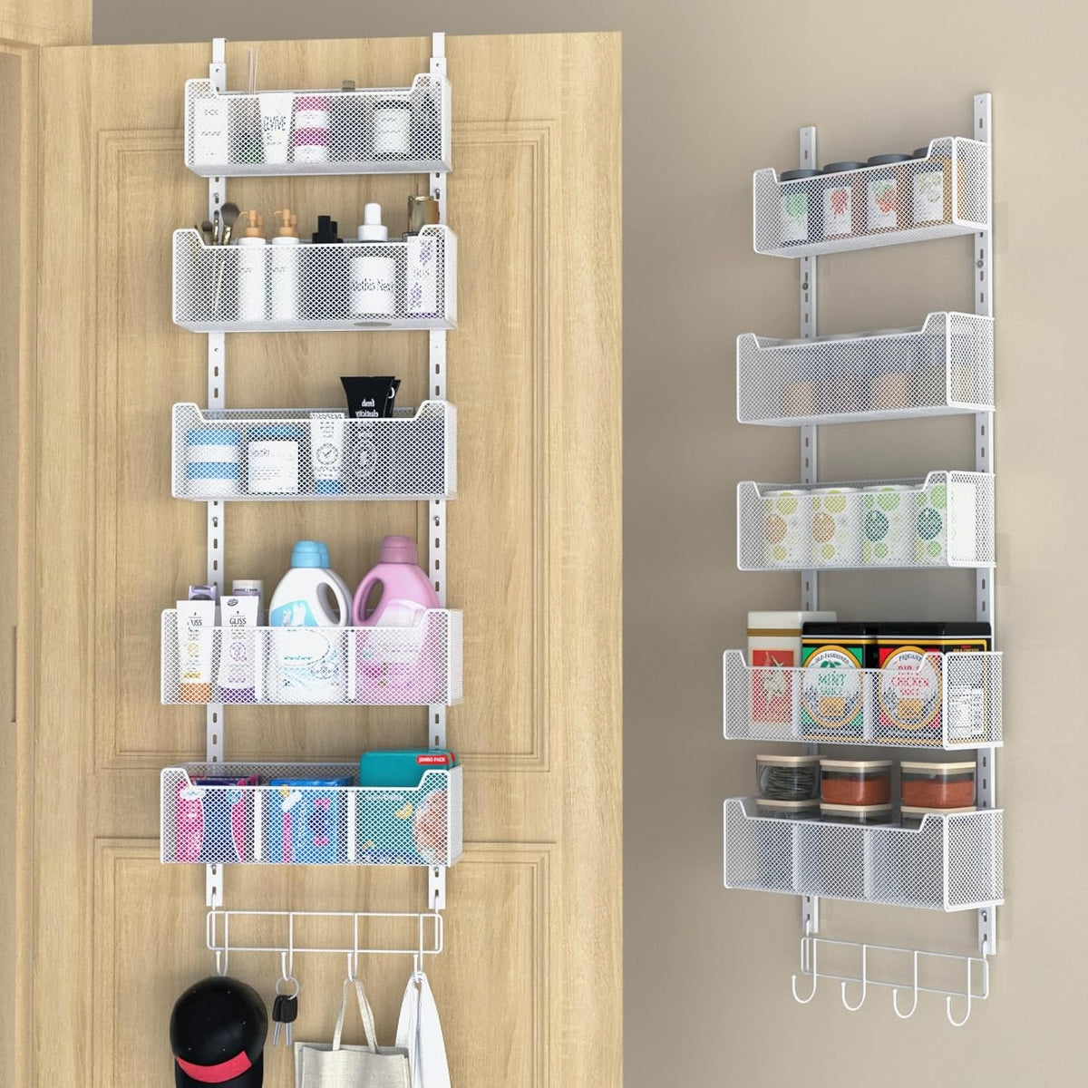Over The Door Organizer, Metal Door Organizer Hanging with 5 Adjustable Baskets and Coat Hook, Behind The Door Storage for Bedroom Closet Bathroom Pantry Cabinet Kitchen, Black