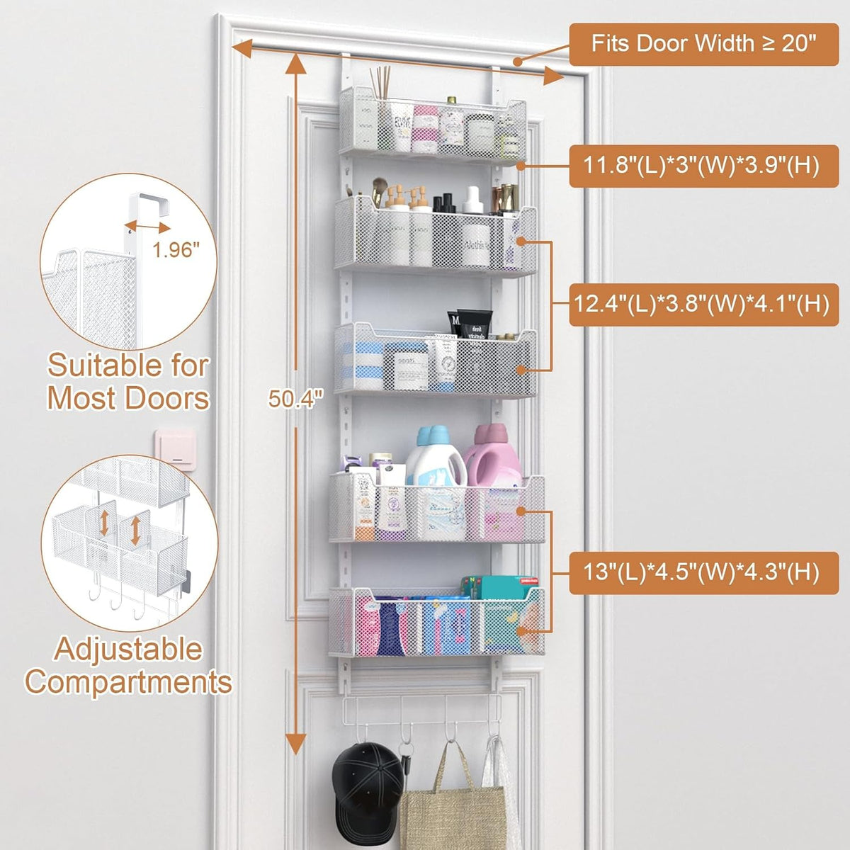 Over The Door Organizer, Metal Door Organizer Hanging with 5 Adjustable Baskets and Coat Hook, Behind The Door Storage for Bedroom Closet Bathroom Pantry Cabinet Kitchen, Black