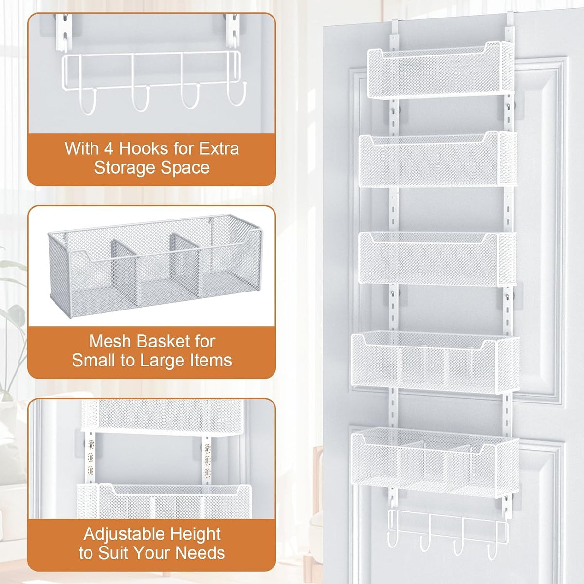 Over The Door Organizer, Metal Door Organizer Hanging with 5 Adjustable Baskets and Coat Hook, Behind The Door Storage for Bedroom Closet Bathroom Pantry Cabinet Kitchen, Black